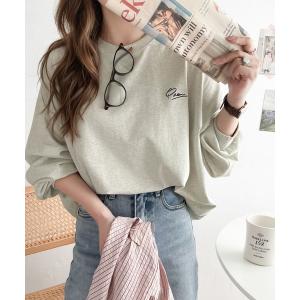 tシャツ 「10月下旬再入荷」シンプルカジュアルを格上げ。綿100%ワンポイント胸刺繍シンプル オーバーサイズ ロンTee レディースの写真