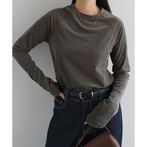 tシャツ シアーベロア配色ステッチ長袖トップス レディースの写真
